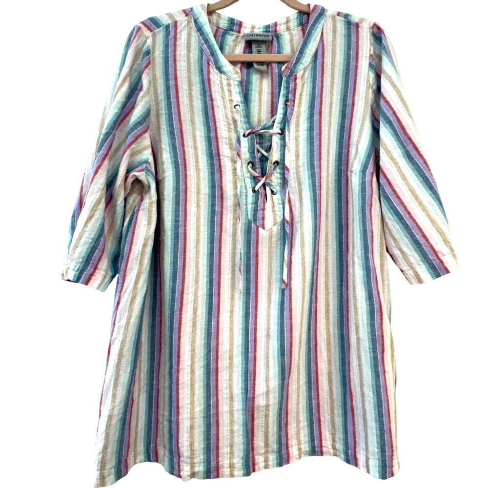 Catherine's Women's Multicolored Striped Lace-Up Linen Blend Blouse Size 14/16
